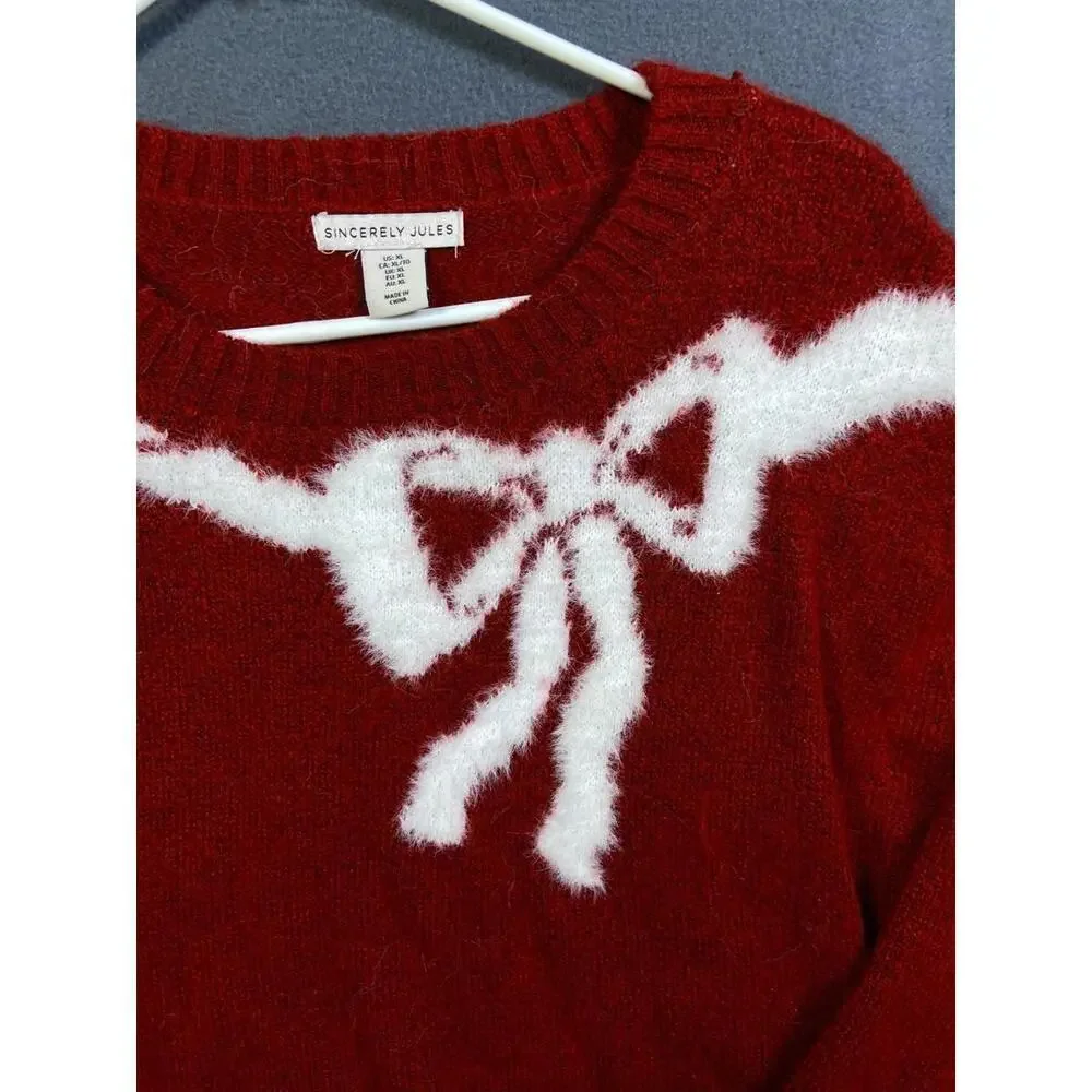 Sincerely Jules Sweater Women XLarge Red Pullover Mock Neck White Bow Preppy